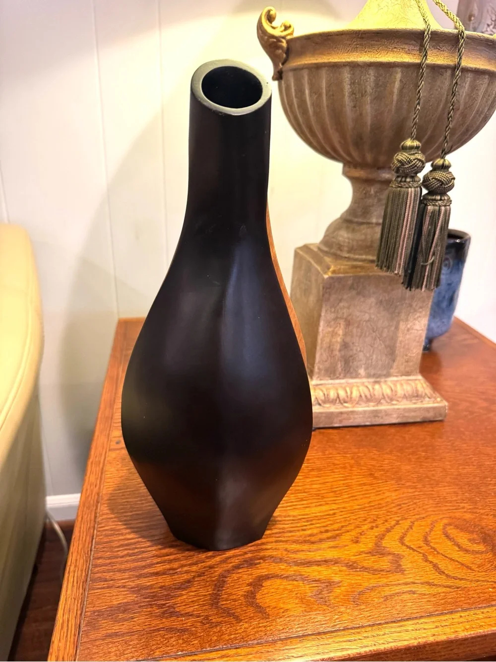 Solid Wood Two Tone Decorative Vase — Modern Wood Accent with swirl.